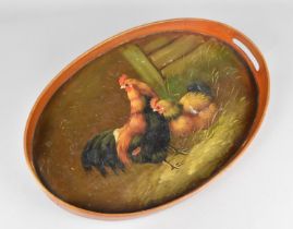 An Oval Wooden Two Handled Tray Painted with Cock and Hen, 44.5cms Wide