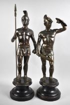 A Pair of Tall Bronzed Spelter Figures of Classical Warriors, Both on Circular Socles, 58cms High