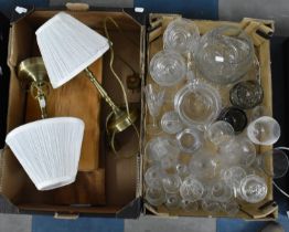 Two Boxes of Various Glassware, Lamps, Chopping Boards Etc