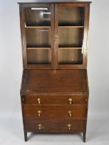 A Mid 20th Century Oak Fall Front Three Drawer Bureau Bookcase, 86cms Wide