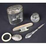A Collection of Various Silver Items to Comprise Two Glass and Silver Lidded Dressing Table Pots,