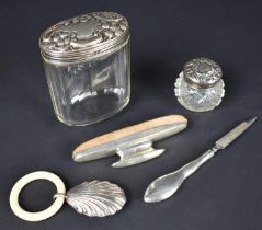 A Collection of Various Silver Items to Comprise Two Glass and Silver Lidded Dressing Table Pots,