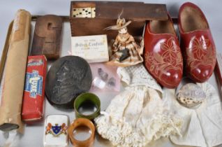 A Tray of Curios to include Decorated and Painted Wooden Clogs, Babies Bib and Bonnet, Bone