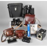 A Collection of Various Vintage Binoculars, Boxed Camera, Leather Cased Cameras Etc