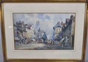 A Framed 19th Century Watercolour, Market Day in a Continental Town Signed CJ Keats, 50x38cms