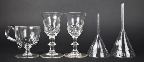 A Collection of 19th Century Glass to Comprise Two Wrythen Funnels, 15cm and 12cm high, Custard
