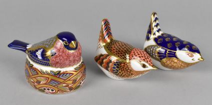 Three Royal Crown Derby Paperweights, Two Wrens (Gold and Silver Buttons) and a Bullfinch Nesting (