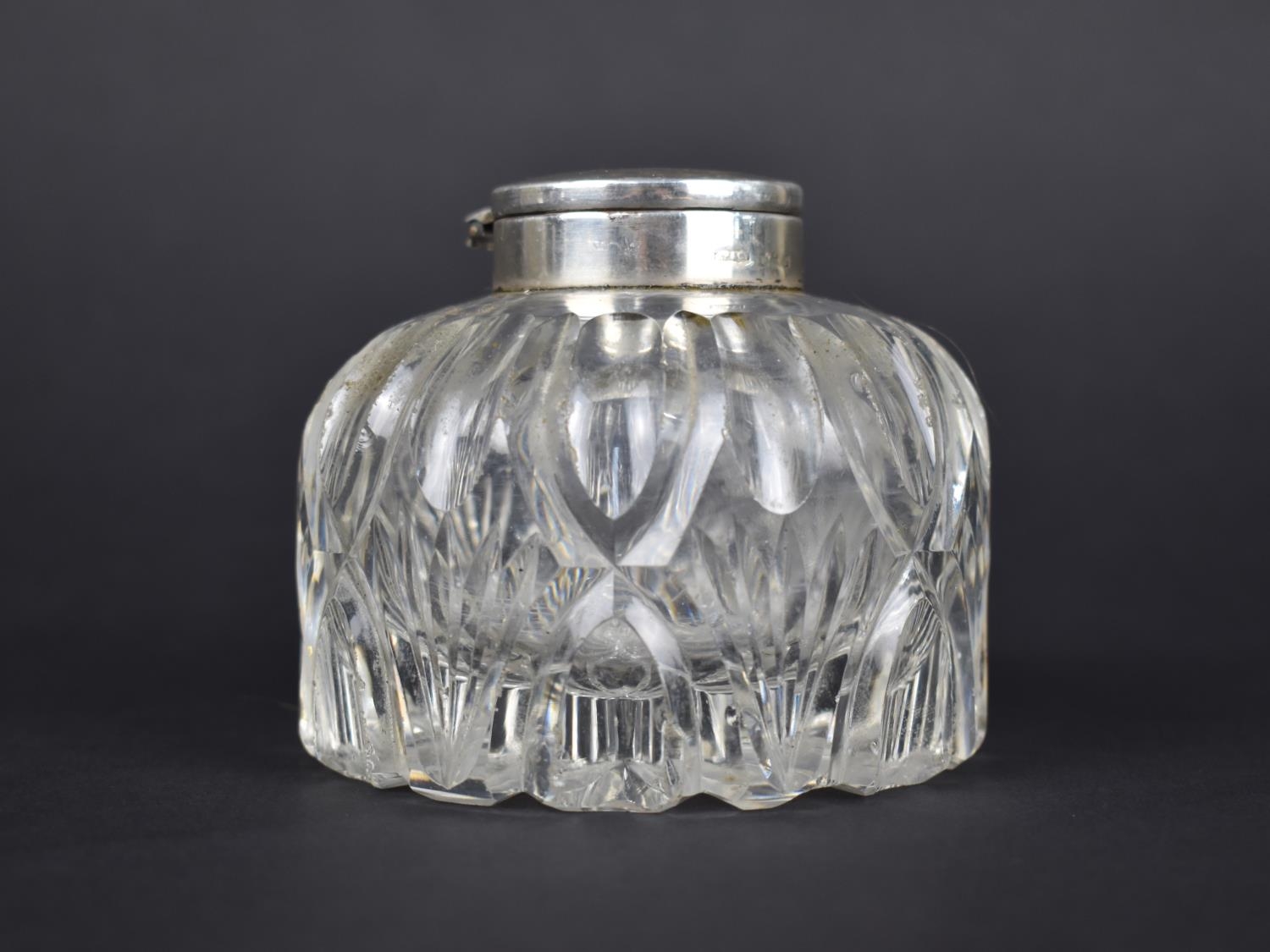 A Large Cut Glass and Silver Topped Inkwell, Birmingham Hallmark, 8cm high