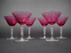 A Set of Six Cut Cranberry Glass Coups