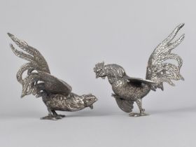 A Pair of Silver Plated Fighting Cocks, Each 14cms Long