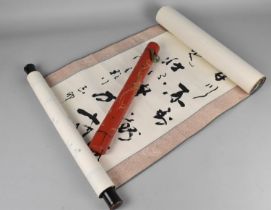A Chinese Calligraphy on Paper Scroll Together with a Red Lacquered Canister