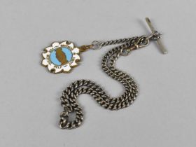 A Silver Watch Chain with T Bar and Enamelled Fob, Some Condition Issues with Replacement Parts etc,
