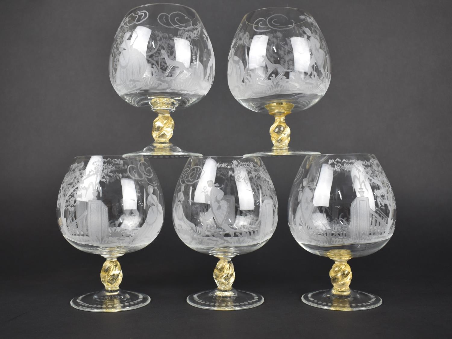 A Set of Five Italian Etched Glass Brandy Balloons with Classical Scene Depicting Maiden and Dandy