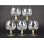 A Set of Five Italian Etched Glass Brandy Balloons with Classical Scene Depicting Maiden and Dandy