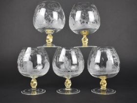 A Set of Five Italian Etched Glass Brandy Balloons with Classical Scene Depicting Maiden and Dandy