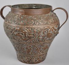 A Hand Beaten Indian Copper Two handled Vase, Body Decorated with Animals, Dragon and Foliate