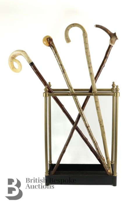 Brass Umbrella Stand and Four Walking Sticks