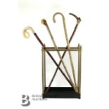 Brass Umbrella Stand and Four Walking Sticks