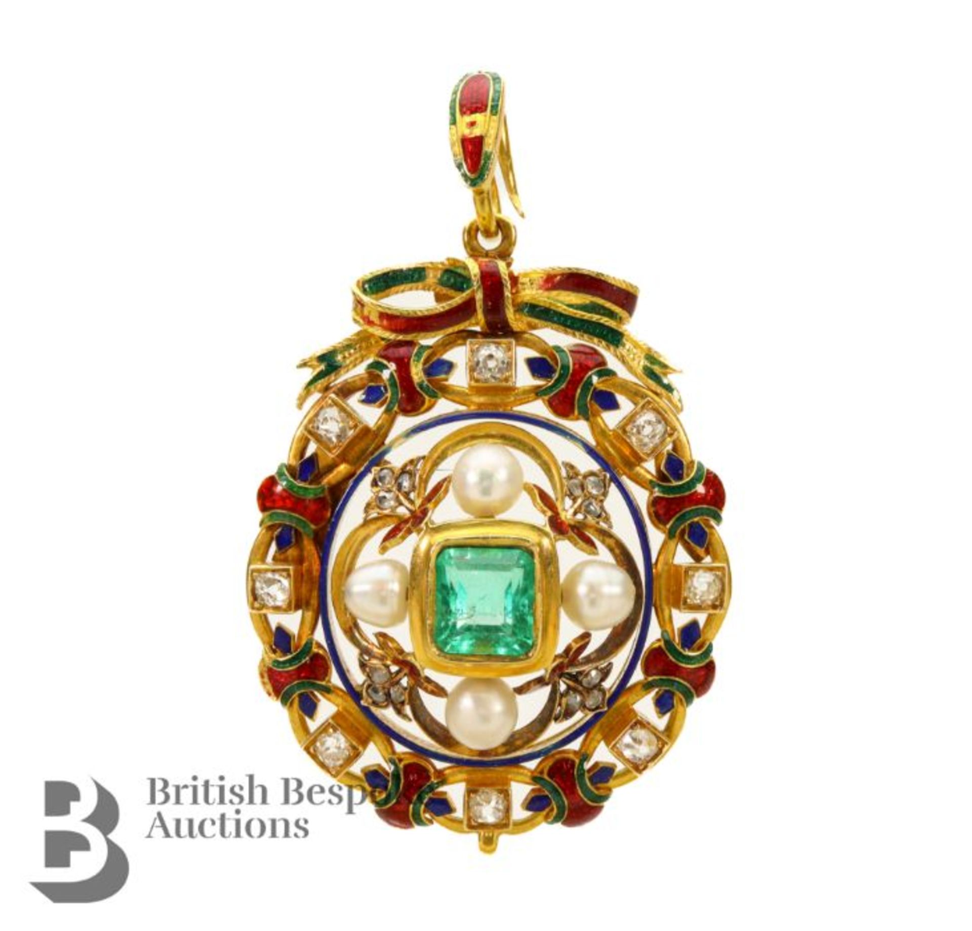 Antique Emerald, Diamond and Pearl Pendant