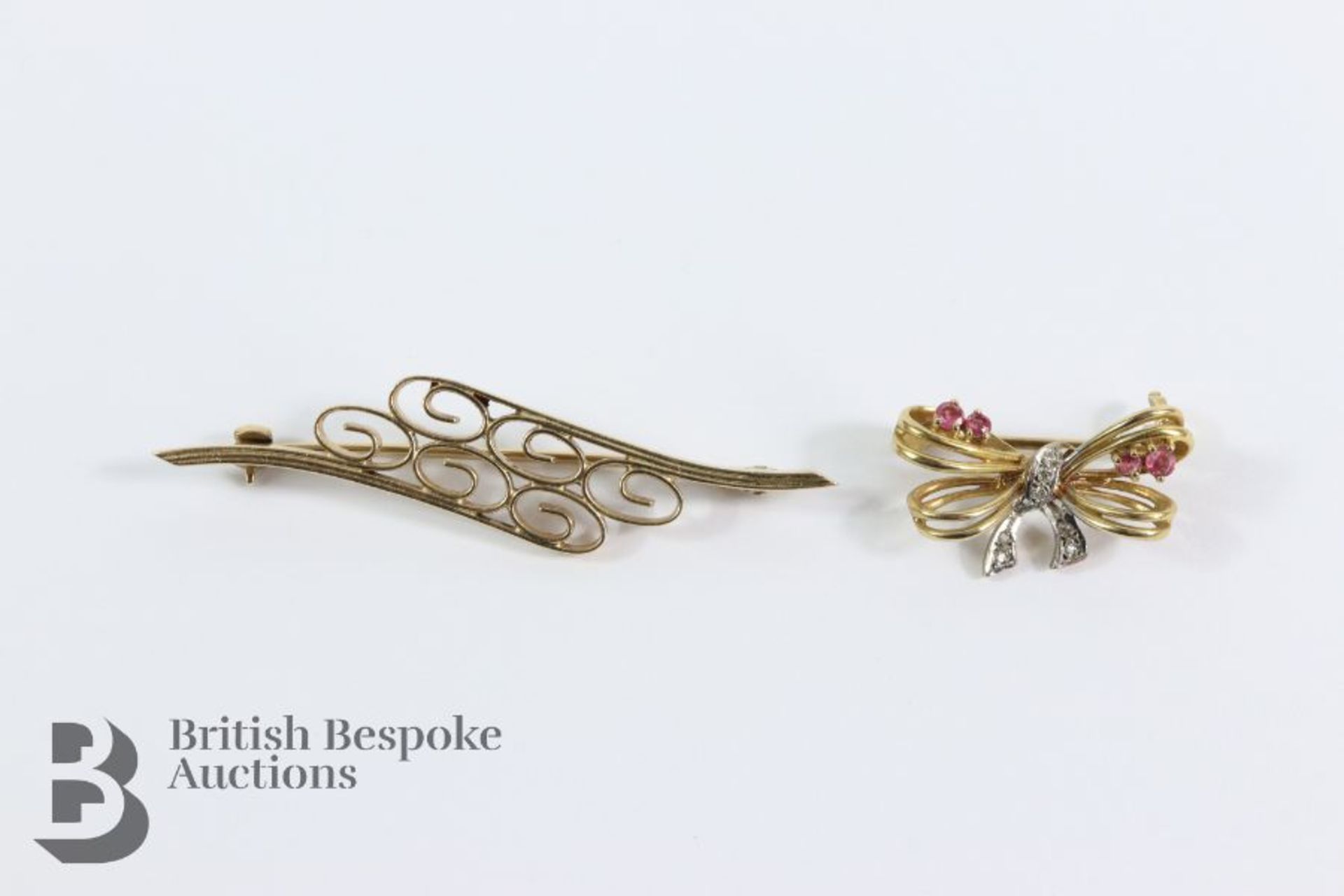 9ct Yellow and White Gold Ruby and Diamond Bow Brooch