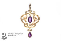 Antique 15ct Yellow Gold Amethyst and Seed Pearl Pendant