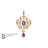 Antique 15ct Yellow Gold Amethyst and Seed Pearl Pendant