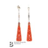 Pair of Art Deco Carved Coral and Pearl Earrings