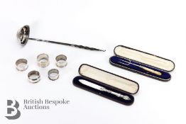 Boxed Mother of Pearl Letter Opener and Fork, Silver Coin Ladle and Napkin Rings