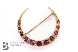 19th Century Ruby and Diamond Crescent Brooch