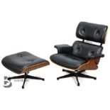 Eames-Style Black Leather Recliner and Footstool