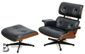 Eames-Style Black Leather Recliner and Footstool