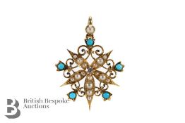 Edwardian 14/15ct Gold Turquoise and Pearl Floral Pendant