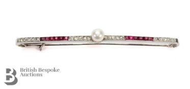 Art Deco 14/15ct White Gold Ruby, Diamond and Pearl Pin Brooch
