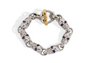 Bill Wall Leather 18ct Gold, Silver and Amethyst Skull Bracelet