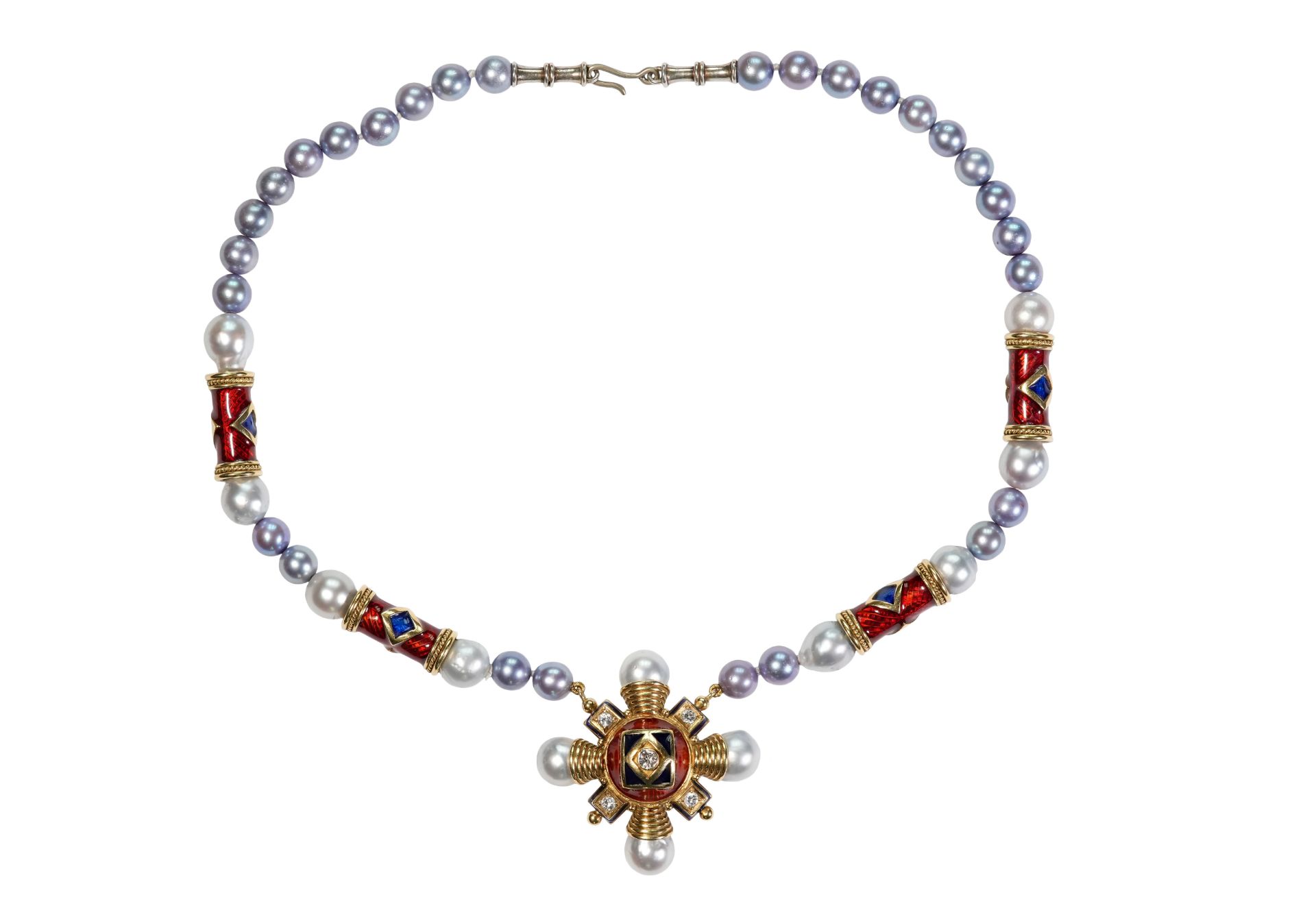 Elizabeth Gage MBE 18ct Gold, Diamond, Enamel and Pearl-Set Necklace