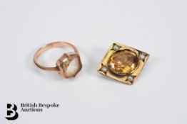 9ct Yellow Gold Citrine Ring and Citrine and Pearl Brooch