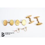 Two Pairs of Vintage 9ct Gold Cufflinks and 9ct Gold Pearl Earrings