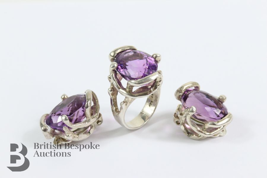 Silver and Amethyst Ring and Matching Earrings
