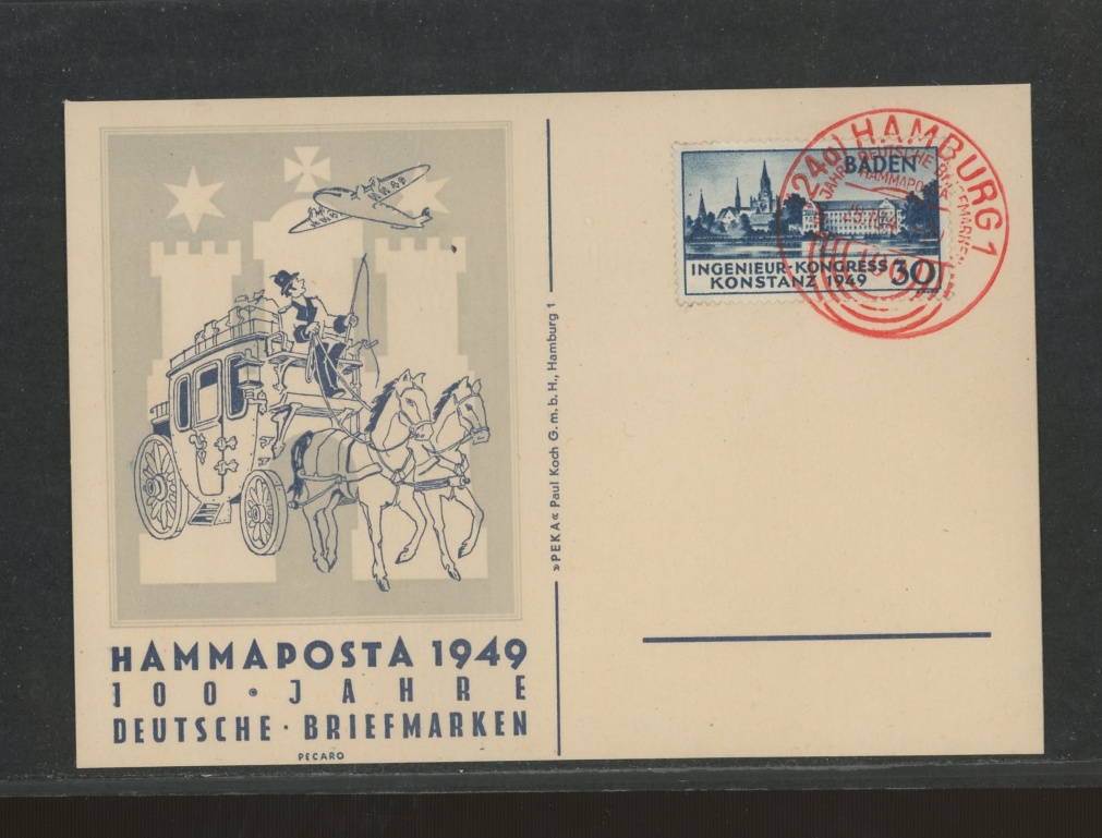 Baden 1949 Engineers Congress 30pf on illustrated card with special cancel.