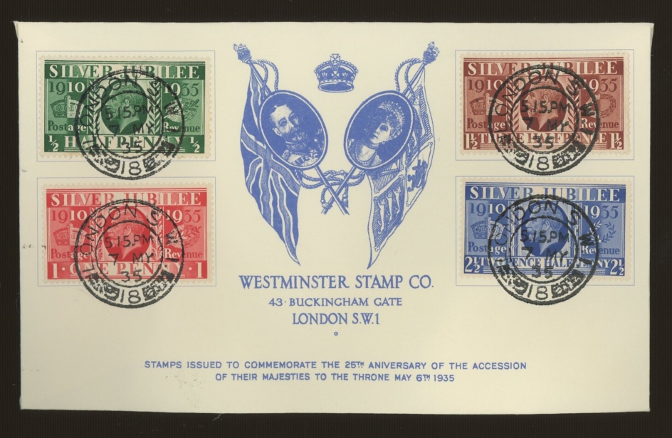 1935 Silver Jubilee: Forgery of Westminster Stamp Co. illustrated FDC with London SW1 CDS.