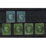 1857-59 1d (2) & 2d (4), various shades, used, all 4 margins.