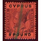 CYPRUS 1924-28 45pi, 90pi & £1 fiscally used, fine.