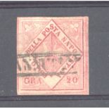 Naples: 1858 20g red postally used, near 4 margins, fine. Sold "as is".