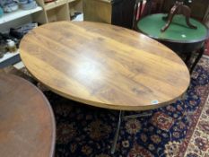 OVAL FAUX WALNUT DINING TABLE ON CHROME BASE- RETRO DESIGN. 150X102.