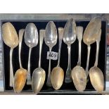 TEN GEORGIAN HALLMARKED SILVER TABLE SPOONS. 621 GRAMS. [ NOT MATCHING ].GEORGE DAY,GEORGE WINTLE,