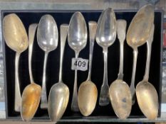 TEN GEORGIAN HALLMARKED SILVER TABLE SPOONS. 621 GRAMS. [ NOT MATCHING ].GEORGE DAY,GEORGE WINTLE,