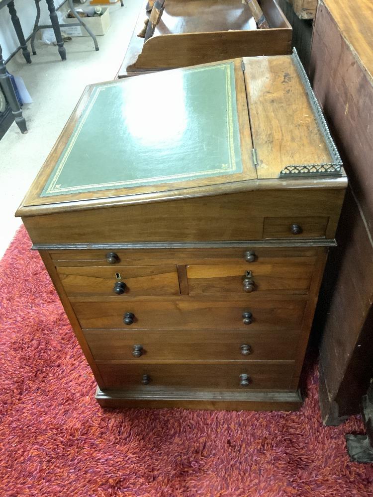 VICTORIAN ROSEWOOD SLIDING TOP DAVENPORT WITH SLIDE AND FOUR DRAWS AND GREEN TOOLED LEATHER AND - Image 6 of 8