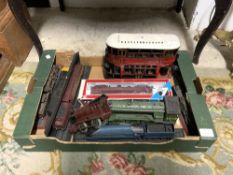A VINTAGE HORNBY TYPE 501 LOCO ENGINE, TIN PLATE TRAIN, TIN PLATE TRAM, AND LIMA TRAIN COACH AND