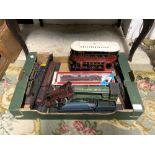 A VINTAGE HORNBY TYPE 501 LOCO ENGINE, TIN PLATE TRAIN, TIN PLATE TRAM, AND LIMA TRAIN COACH AND