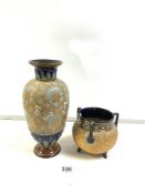 ROYAL DOULTON SLATERS VASE, 30 CMS, AND ROYAL DOULTON SLATERS THREE HANDLE AND FOOTED VASE.
